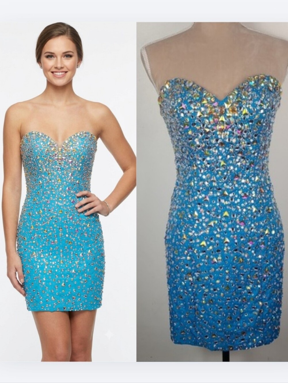 Morilee Blue Sweetheart Strapless Mirror Crystal-Embellished Mini HOCO Dress 7/8